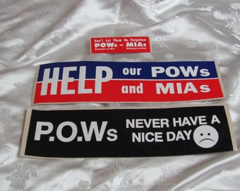 Vintage Bumper Sticker Decal Set of 3 and Booklet - Circa 1960's Vietnam War Era  // POW's never have a nice day P.O.W. MIA M.I.A.