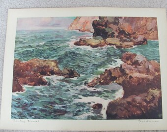 Felice Giordano &quot;Rocky Coast&quot; Vintage Print for Framing - 1929 Litho Lithograph 12&quot; x 16&quot; Ocean Coastline