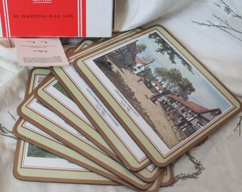 Set of 6 Pimpernel Place Mats - English Villages - Acrylic Vintage Coasters Barware in Original Box VGC 19cm x 22cm or 7.5" x 8.5"