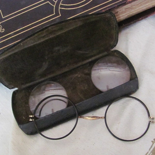 Antique Eyeglasses Spectacles with Hinged Case Round Lens 14k Gold Bridge Circa 1910's or Earlier - Vintage Early Century Repair