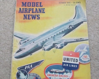 Noticias de aeromodelismo // Revista Vintage Octubre 1945 Douglas C-54 // Juguetes militares Kits Anuncios Motores Aviación Avión de pasajeros