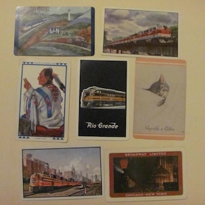 Lot de 7 cartes à jouer vintage de train de chemin de fer de chemin de fer de souvenir//échange unique individuel du milieu du siècle assorti * expédition gratuite au tarif lettre *