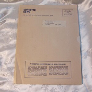 May include: A vintage issue of Corvette News magazine. The cover features the magazine's logo and address information. The back of the magazine has text that reads "The Best of Corvette News is Now Available!"