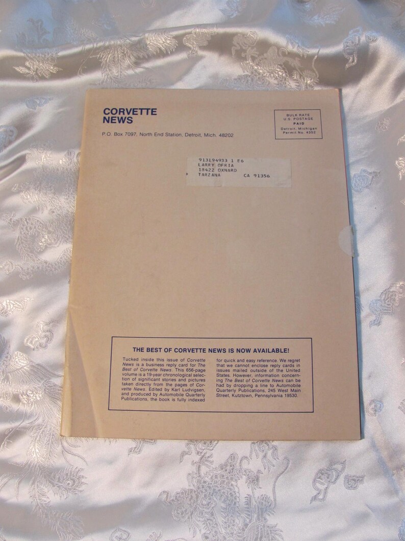 May include: A vintage issue of Corvette News magazine. The cover features the magazine's logo and address information. The back of the magazine has text that reads "The Best of Corvette News is Now Available!"
