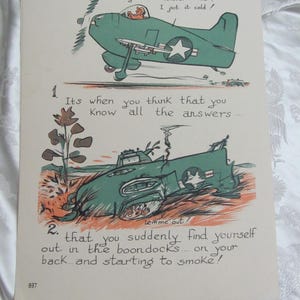 May include: Vintage cartoon print with a green airplane in two panels. The first panel shows the plane flying, the second shows it crashed. Text includes "I got this monster licked!" and "Its when you think that you know all the answers..."