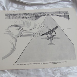 May include: Monochrome illustration of an aircraft ascending from a runway. The image features a cartoon-style representation of wind and the text: "In a cross-wind approach the smart ones fly it at a point straight up the runway."