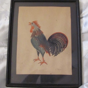 Rooster Painting SIgned Art // Vintage Wood Frame  9.5" x 7.5" - Antique Old Wall Frame Home Decor Rustic Country Cottage