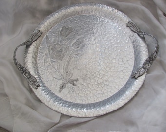 Rodney Kent Handmade Etched Floral Hand Forged Hammered Aluminum Dish Platter Hand Wrought - Unique Vintage14" across