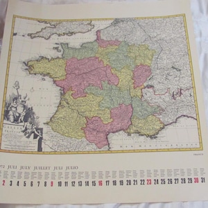 Calendário cartográfico histórico vintage, julho de 1972, França, 17" x 18" para emoldurar, arte de parede, pôster de mapas antigos