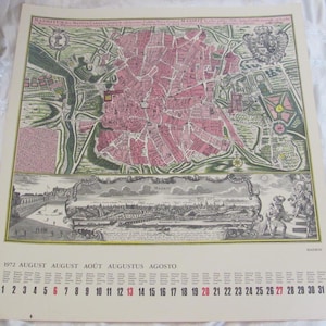 ヴィンテージ カートグラフィック 歴史地図 カレンダー 1972 年 8 月 // 17 インチ x 18 インチ 額装用 壁アート アンティーク マップ ポスター プリント // マドリード スペイン