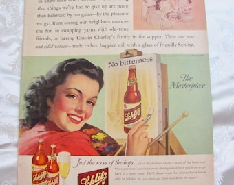 Alcoa Aluminum & Schlitz Beer // 1940's Magazine Ad Print Poster // Vintage Mid Century Advertisements Color Ads // 11" x 14"