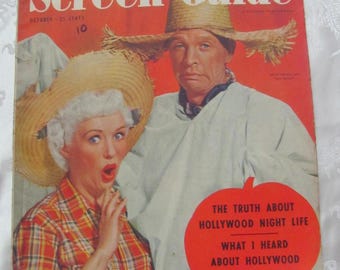 May include: A vintage magazine cover featuring a man and woman wearing straw hats. The magazine is titled "Screen Guide" and the cover text reads "Exclusive! First Photos of Liz Taylor in Europe" and "The Truth About Hollywood Night Life What I Heard About Hollywood By Gregory Peck".