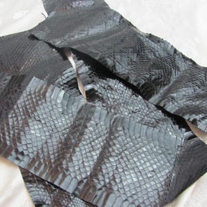 May include: Close-up of several pieces of black snakeskin leather. The leather has a textured, scaly pattern and a glossy finish. The pieces are arranged on a white surface, with some overlapping.