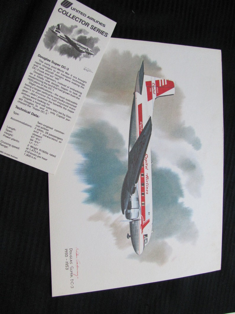 Vintage United Airlines Print Poster Douglas Super DC 3 Etsy