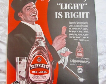 Schenley's Red Label Whiskey // 1939 Magazine Ad Print Poster // Vintage Mid Century Advertisements // 11" x 14" Liquor Booze Alcohol