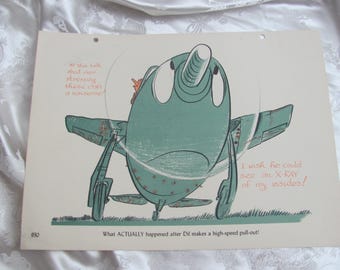 Puede incluir: Ilustración vintage de un avión de dibujos animados en verde azulado y gris, con texto. El avión tiene ojos grandes y una nariz larga. El texto incluye "I wish he could see an X-RAY of my insides!" y "What ACTUALLY happened after Dil makes a high-speed pull-out!"