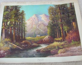 Robert Wood "Majestic Peaks" Print Poster - 14" x 18"  Stream Nature Forest Pine Trees Mountain Woods Lithograph Fine Art