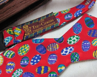 Tie Coon - Vintage Mens Colorful Red Easter Eggs Designer Silk Bow Tie Bowtie Neck Tie Adjustable - Many others to choose from in my shop!