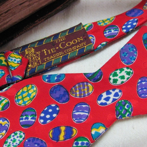 Tie Coon - Vintage Mens Colorful Red Easter Eggs Designer Silk Bow Tie Bowtie Neck Tie Adjustable - Many others to choose from in my shop!