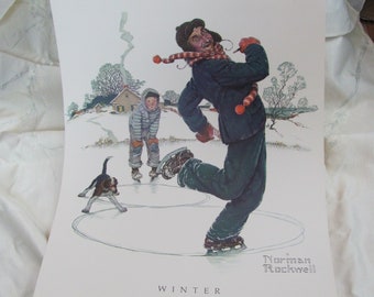 Norman Rockwell Winter Poster - Ice Skating - Vintage 12" x 16" Litho Lithograph