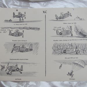 May include: A vintage black and white aviation cartoon print. The print features a series of panels depicting airplane mishaps, with text including "XC", "Guess I'll do a 180°", and "Dil leaps." The number "921" is visible.