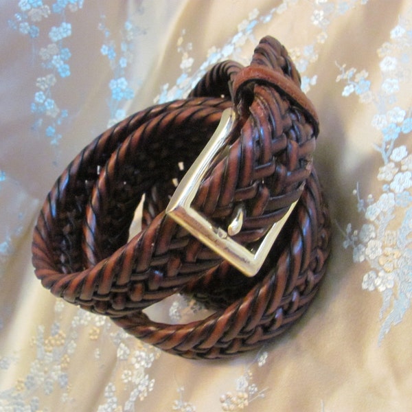 Brass Buckle Braided Leather Belt // Man or Woman Size 38 Soft Leather Nice