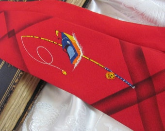 Cochrane Brand Hand Painted Boat Fishing Lure Pole 1940's // 100% Silk Neck Tie Red  //  Vintage Pure Silk Neckties