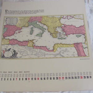 Vintage Historische Landkarte Kalender Mai 1972 // 17 "x 18" Zum Einrahmen Wand Kunst Antike Karten Poster // MITTEL MEER