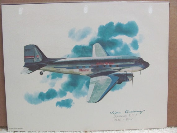 Vintage United Airlines Print Poster - Douglas DC-3 1936 to 1956