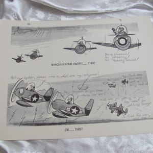 May include: A monochrome cartoon print depicting various aircraft in flight. The image includes text such as "Which is your outfit...this?" and speech bubbles with aviation-related dialogue. The print has a vintage style.