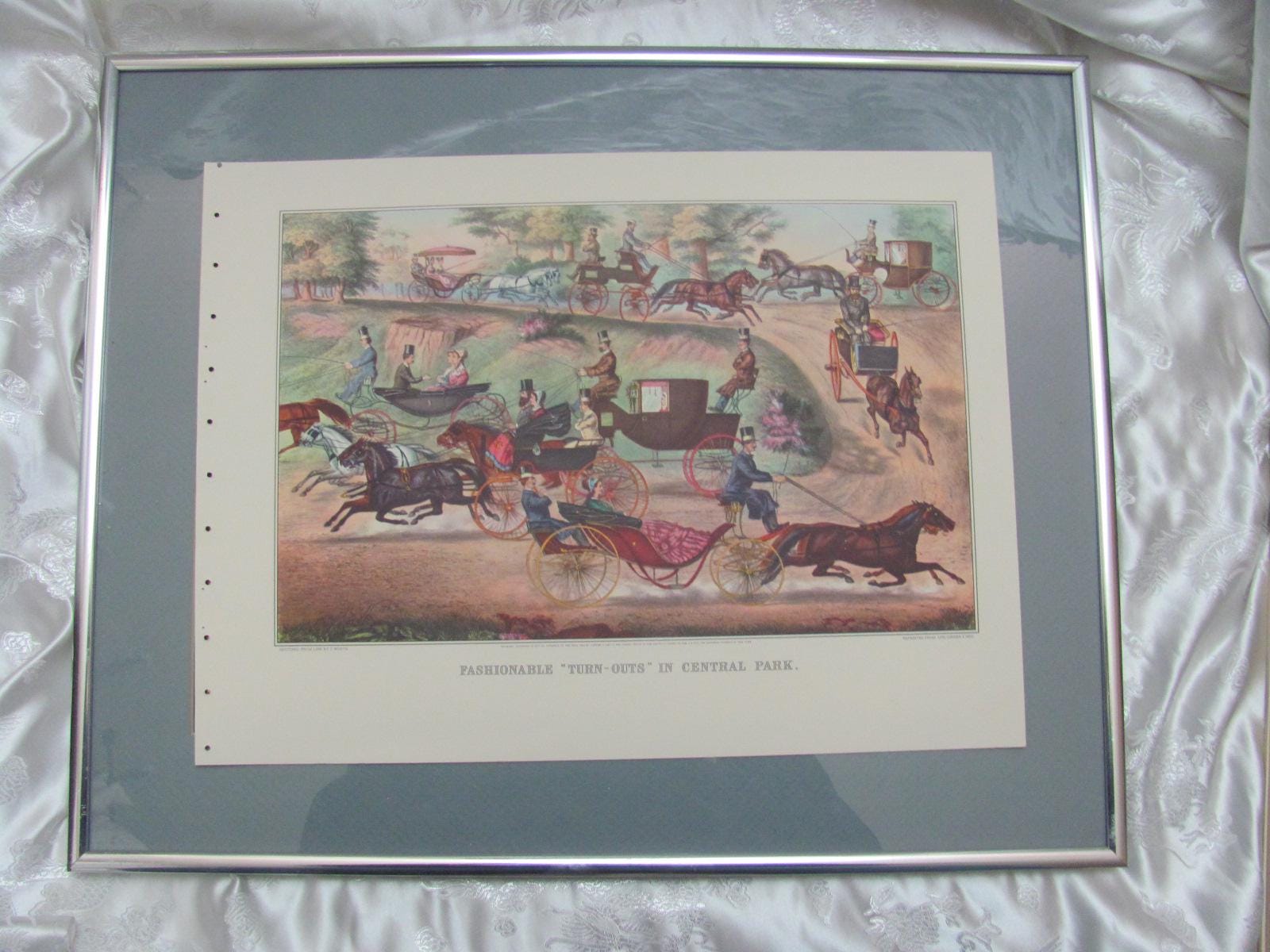 Fashionable Turn Outs Central Park NY // Currier Ives Vintage Color Print Book Page Bookplate Litho  15" x 12" Unframed Poster Framing