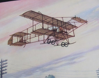 Vintage Early Century Airplane Poster Print - Charles Hubbell - H Farman Biplane 1910 Litho Lithograph