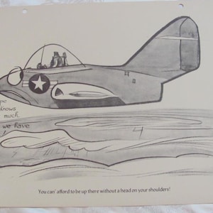 May include: A black and white cartoon drawing of a plane flying over a wavy ocean. The plane has a star on the side and the text "I hope he knows how much fuel we have left!" is written below the plane.