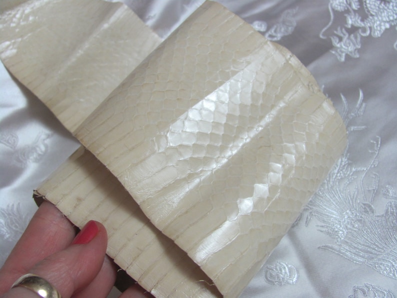 May include: A close-up of a white, textured, snakeskin-like material. The material is folded in half and has a slight sheen.