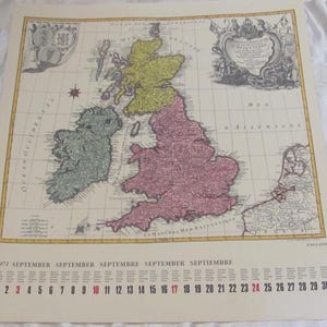 Vintage Historische Historische Karte Kalender September 1972 // 17 "x 18" Zum Einrahmen Wand Kunst Antike Karten Poster // ENGLAND