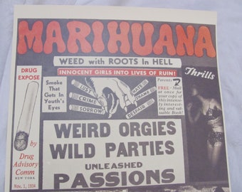 Marihuana Propaganda Poster 1930's 11 x 15 Pot Weed Marajuana - Reprint Copy