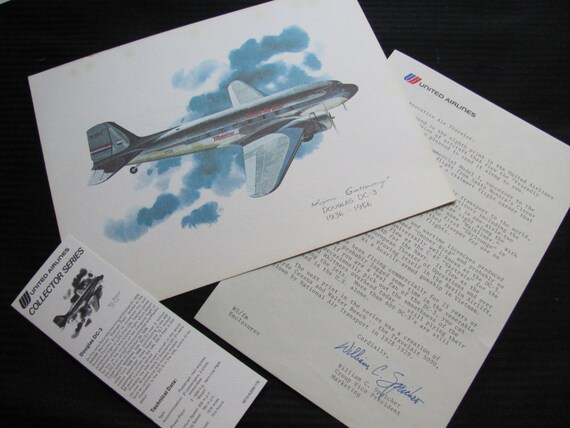 Vintage United Airlines Print Poster - Douglas DC-3 1936 to 1956