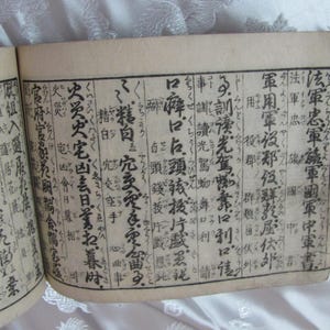 May include: An open antique book with aged, off-white paper pages featuring dense columns of traditional Japanese kanji characters written in black ink, accompanied by smaller katakana phonetic annotations printed alongside the main text.
