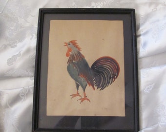 Rooster Painting SIgned Art // Vintage Wood Frame  9.5" x 7.5" - Antique Old Wall Frame Home Decor Rustic Country Cottage