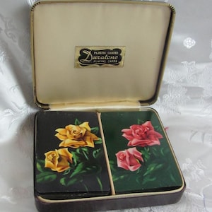Duratone Playing Cards Boxed Double Set of 2 Decks with Leather Hinged Box // Unused Rose Pattern Vintage // Others to choose from