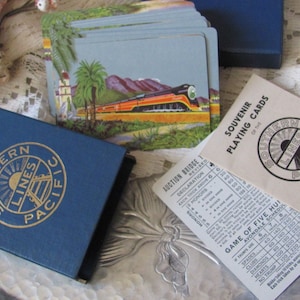 Caja de baraja de naipes de recuerdo vintage del ferrocarril Southern Pacific Lines, década de 1940