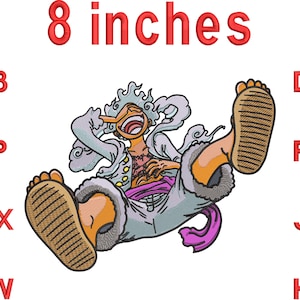 Può includere: Un disegno ricamato con un personaggio dei cartoni animati in posa dinamica, con la scritta "8 inches" (circa 20 cm) in rosso. Il personaggio è nelle tonalità dell'arancione, del bianco e del grigio. Il testo aggiuntivo include "VP3", "EXP", "XXX", "SEW", "DST", "PES", "JEF" e "HUS".