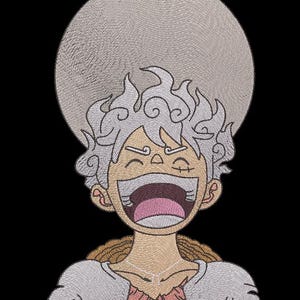 May include: Embroidered patch featuring a cartoon character with white hair and a large, open mouth. The character is set against a large, gray circle, with a black background. The character is wearing a white jacket and a straw hat.