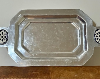 Vintage Solid Pewter Tray with Blue and White Ceramic Tile Accents | Farmhouse Cottagecore