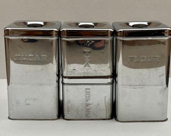 Juego de 4 recipientes vintage Lincoln Beautyware de la década de 1950, cromados, para té, café, harina y azúcar, estilo MCM.