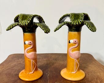 Pair of Palm Tree Candle Holders with Flamingo Design