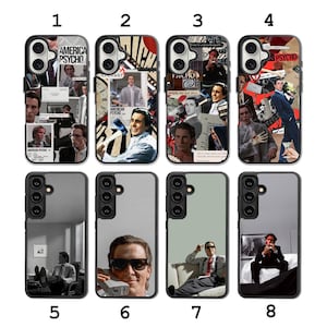 May include: A collection of eight phone cases featuring American Psycho movie imagery. Four cases display collage-style prints with various film scenes and text, while the other four cases feature single, distinct character portraits and scenes.