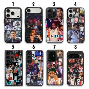 May include: A collection of eight phone cases featuring a collage design with images of Lil Baby. The cases are black and have various images of the rapper, with the text "LIL BABY" and "BABY" visible.