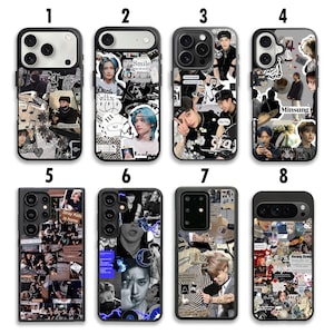 May include: Eight phone cases with different designs. Each case has a collage of images, text, and musical notes. Some cases show pictures of people, while others have text such as "Stray Kids is home."
