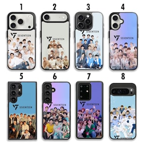 May include: A collection of eight phone cases featuring the K-pop group Seventeen. Each case displays a different group photo and the band's logo. The cases have a variety of backgrounds, including blue and white gradients.